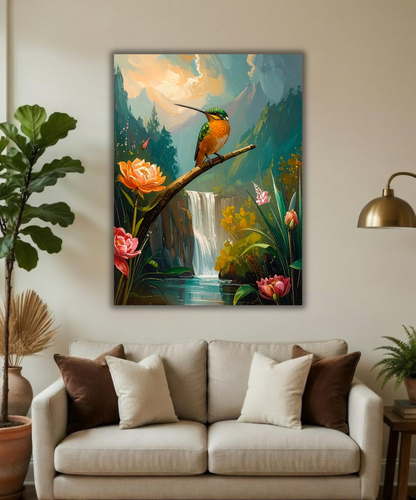 Hummingbird Canvas Wall Art - Textured Mountain Waterfall Painting Print