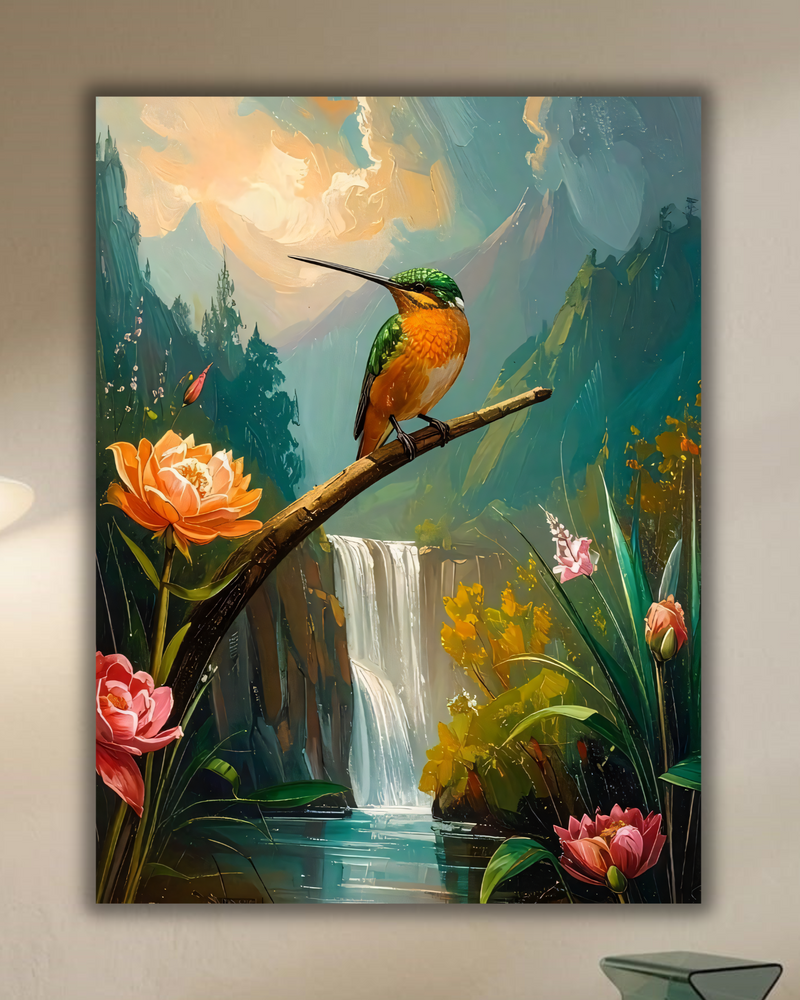 Hummingbird Canvas Wall Art - Textured Mountain Waterfall Painting Print