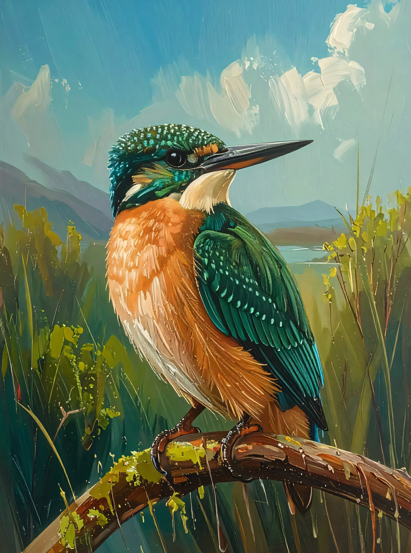 Kingfisher Bird Canvas Wall Art - Textured Impasto Nature Landscape Painting Print