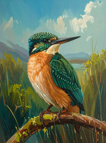 Kingfisher Bird Canvas Wall Art - Textured Impasto Nature Landscape Painting Print