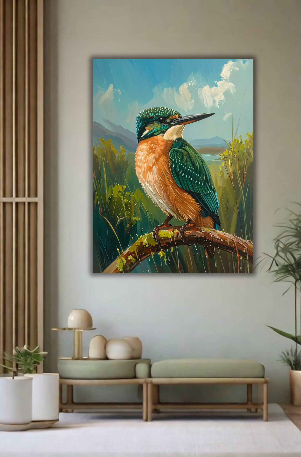 Kingfisher Bird Canvas Wall Art - Textured Impasto Nature Landscape Painting Print