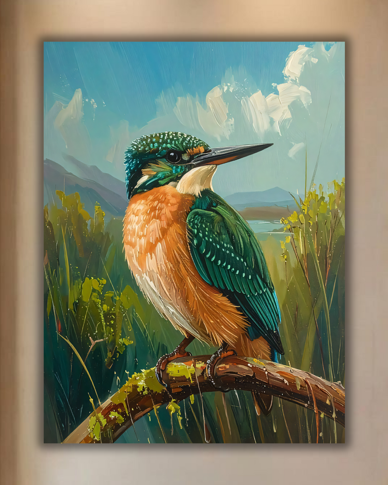 Kingfisher Bird Canvas Wall Art - Textured Impasto Nature Landscape Painting Print