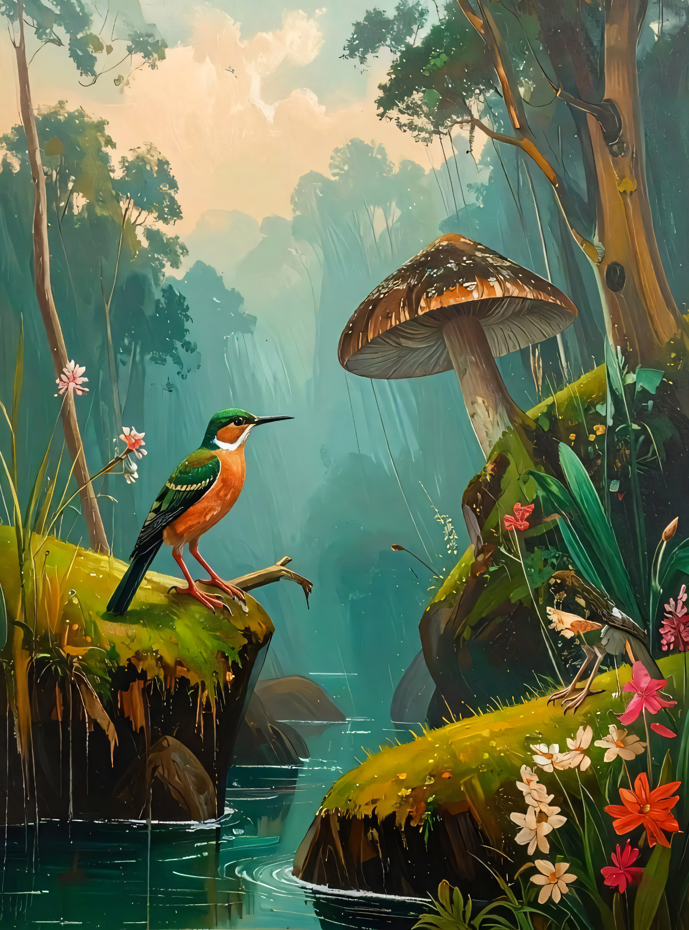 Enchanted Forest Mushroom Canvas Wall Art - Textured Woodlands Painting Print with Kingfisher & River