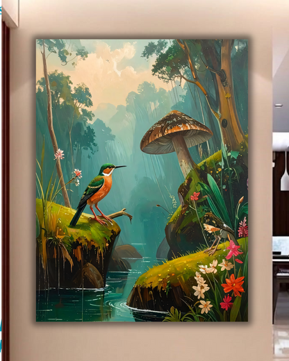 Enchanted Forest Mushroom Canvas Wall Art - Textured Woodlands Painting Print with Kingfisher & River