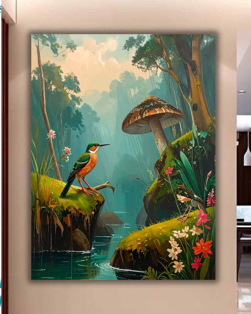 Enchanted Forest Mushroom Canvas Wall Art - Textured Woodlands Painting Print with Kingfisher & River
