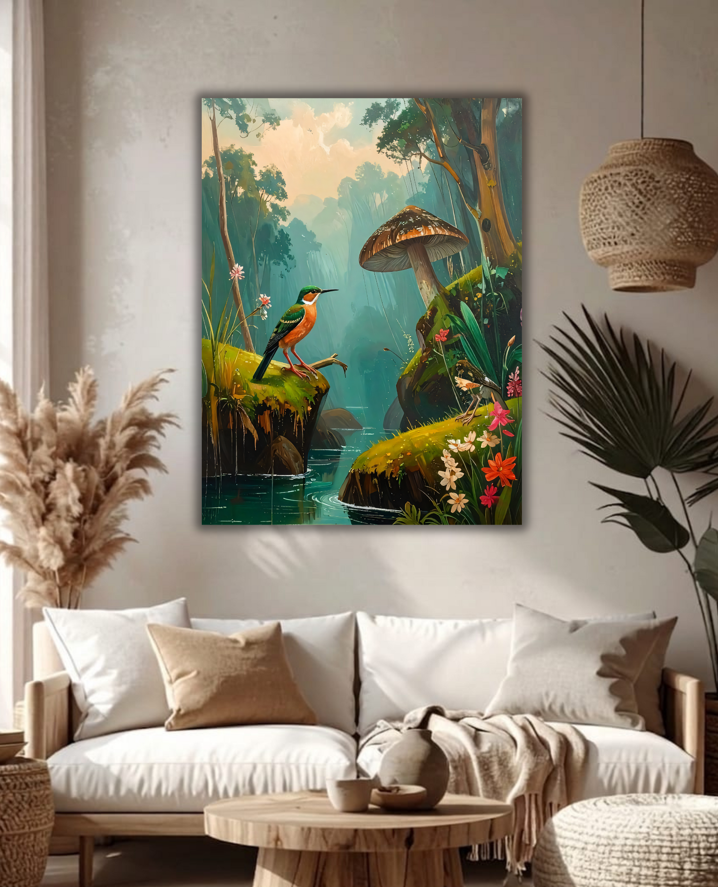 Enchanted Forest Mushroom Canvas Wall Art - Textured Woodlands Painting Print with Kingfisher & River
