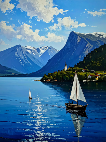 Nordic Fjord Sailboat Canvas Wall Art - Textured Alpine Mountain Lake Painting Print