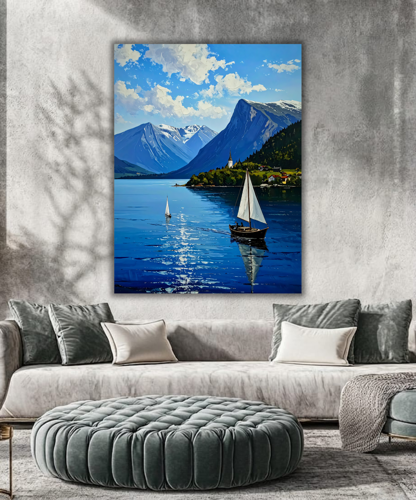 Nordic Fjord Sailboat Canvas Wall Art - Textured Alpine Mountain Lake Painting Print