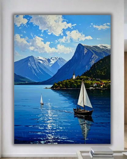 Nordic Fjord Sailboat Canvas Wall Art - Textured Alpine Mountain Lake Painting Print