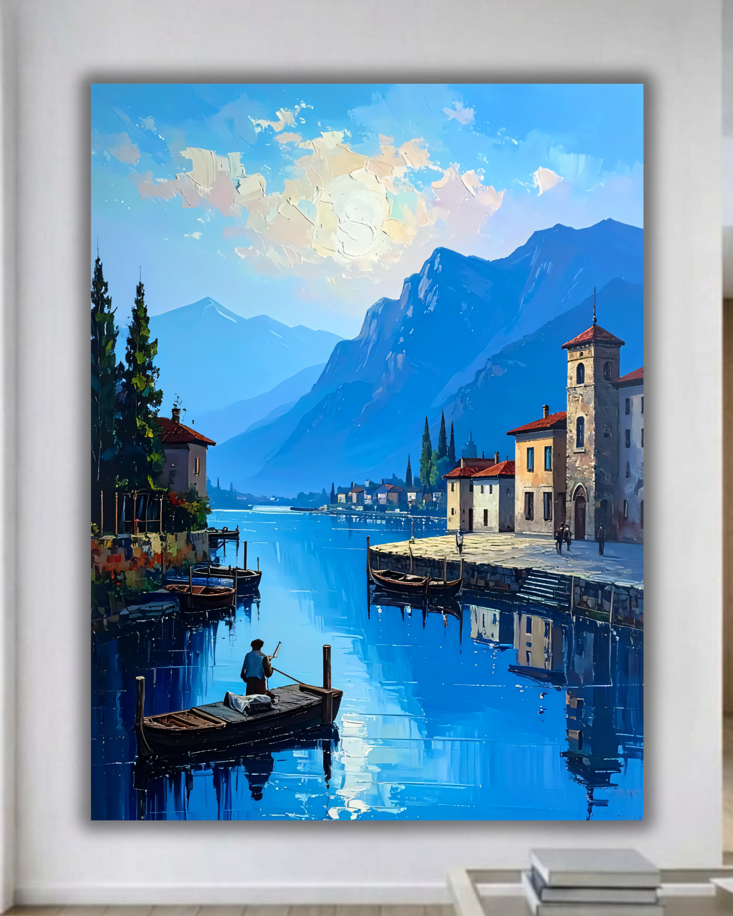 Italian Lake Village Canvas Wall Art - Textured Alpine Coastal Painting Print with Boats, Gallery Wrapped European Coastal Decor for Living Room