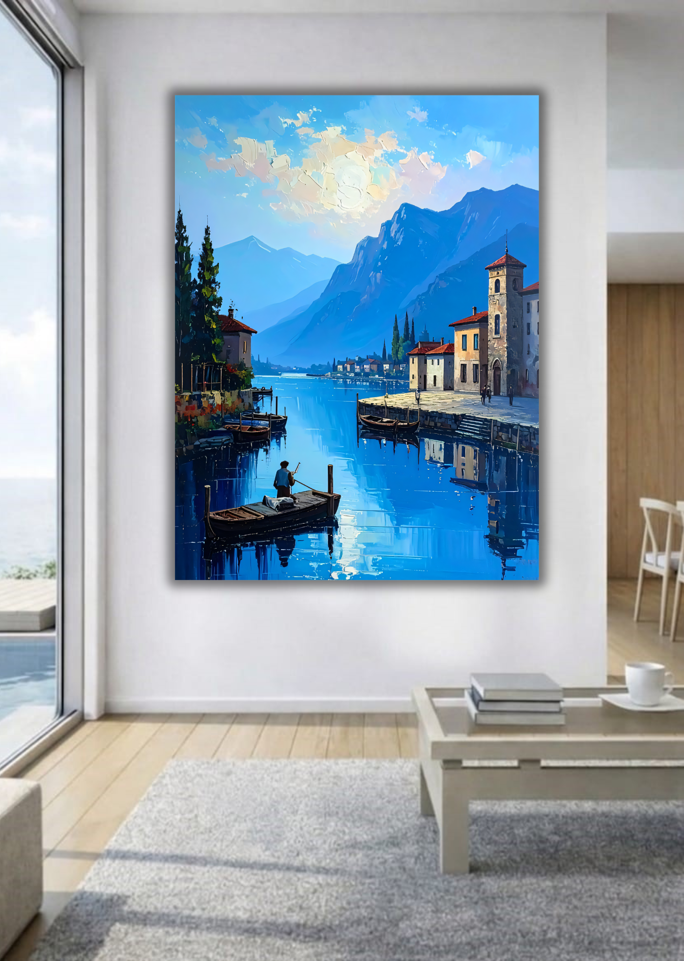 Italian Lake Village Canvas Wall Art - Textured Alpine Coastal Painting Print with Boats, Gallery Wrapped European Coastal Decor for Living Room