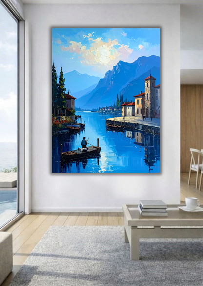 Italian Lake Village Canvas Wall Art - Textured Alpine Coastal Painting Print with Boats, Gallery Wrapped European Coastal Decor for Living Room