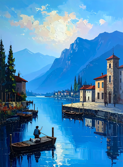 Italian Lake Village Canvas Wall Art - Textured Alpine Coastal Painting Print with Boats, Gallery Wrapped European Coastal Decor for Living Room