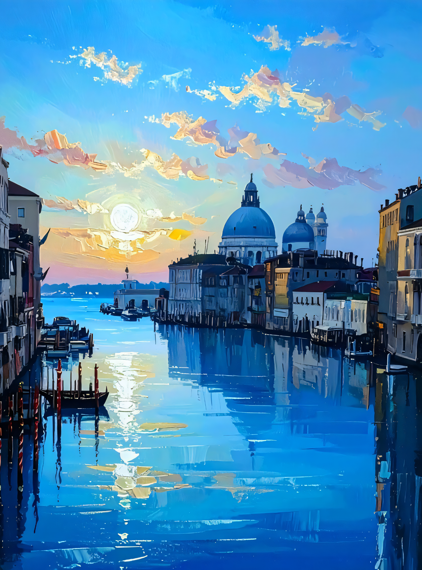 Venice Grand Canal Sunset Canvas Wall Art - Textured Impasto Italian Cityscape Painting Print