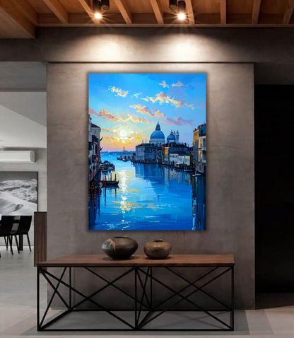 Venice Grand Canal Sunset Canvas Wall Art - Textured Impasto Italian Cityscape Painting Print