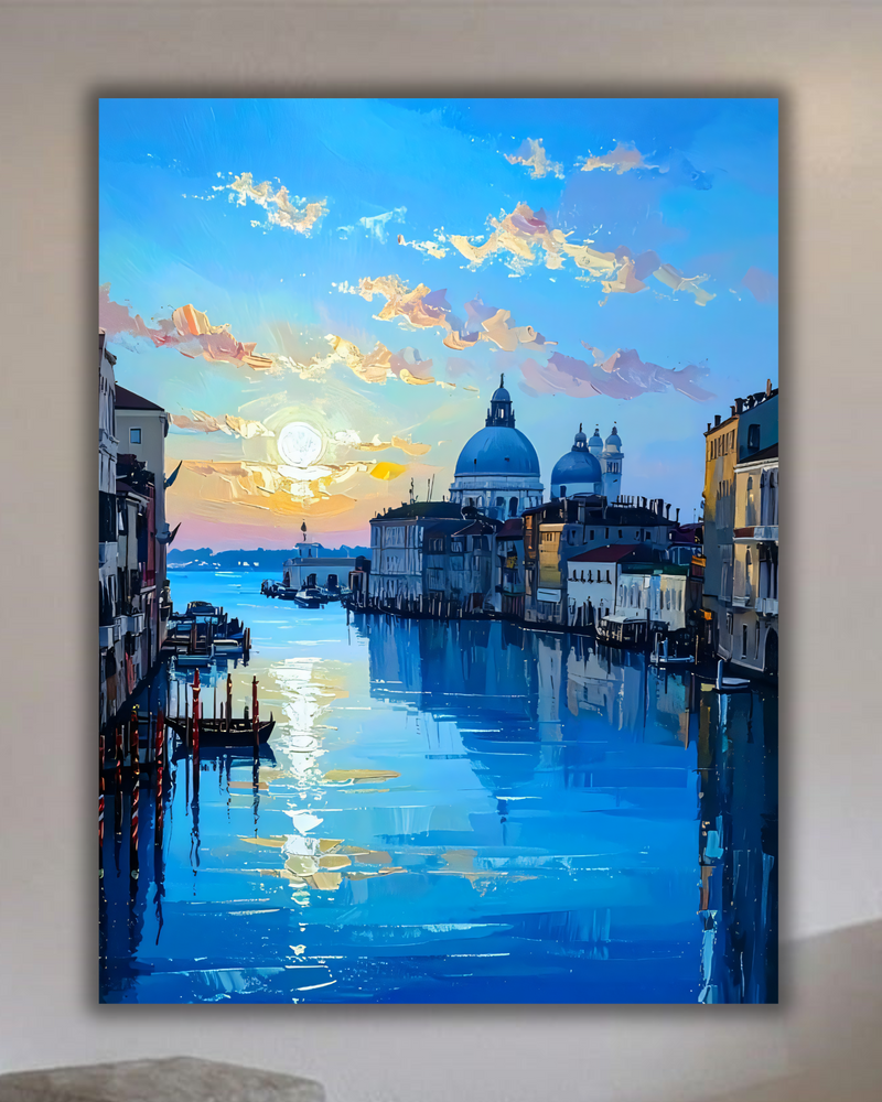 Venice Grand Canal Sunset Canvas Wall Art - Textured Impasto Italian Cityscape Painting Print