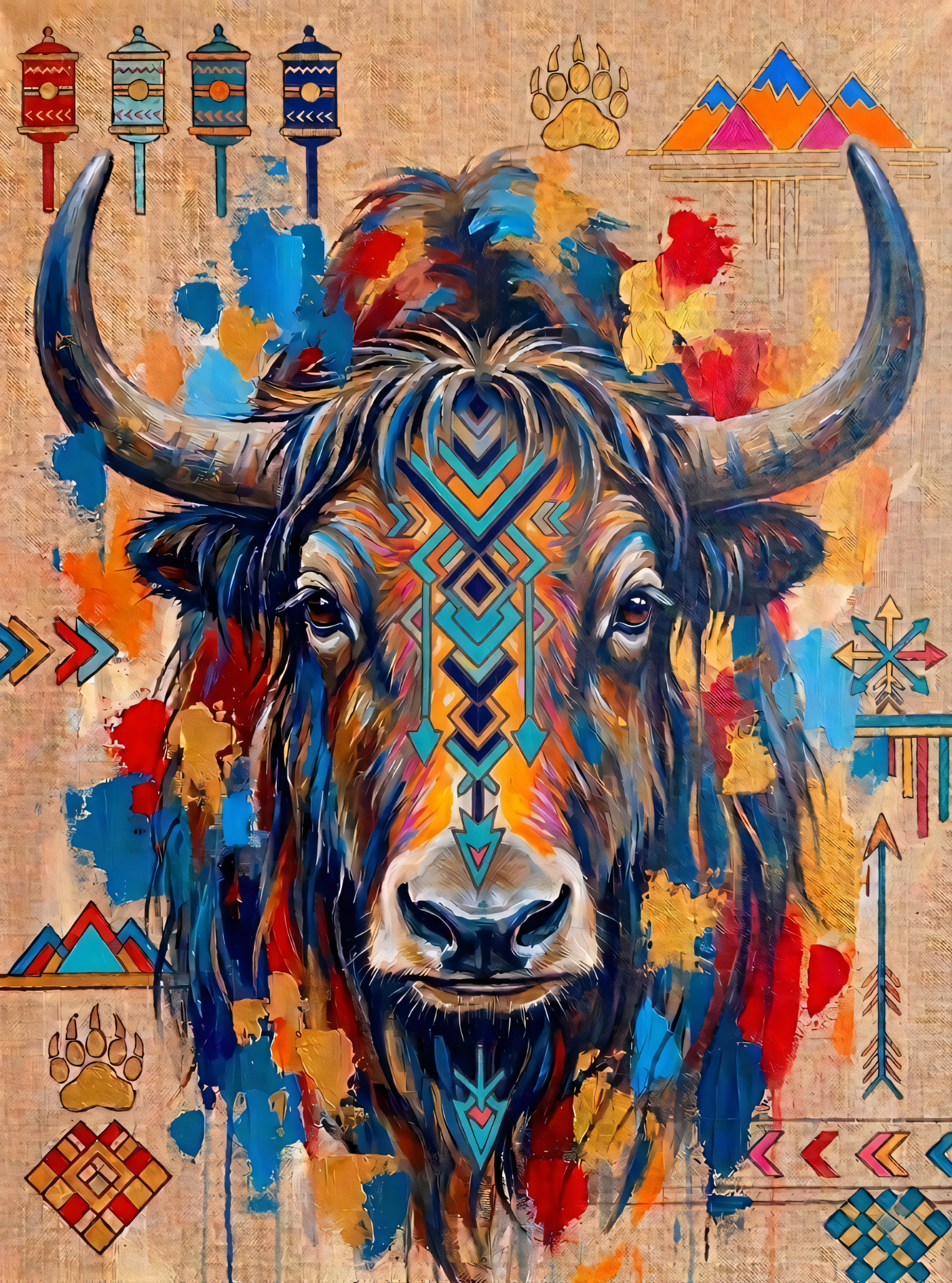 Abstract Tribal Tibetan Yak Canvas Wall Art - Textured Impasto Southwestern Buffalo Painting Print
