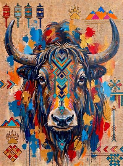 Abstract Tribal Tibetan Yak Canvas Wall Art - Textured Impasto Southwestern Buffalo Painting Print