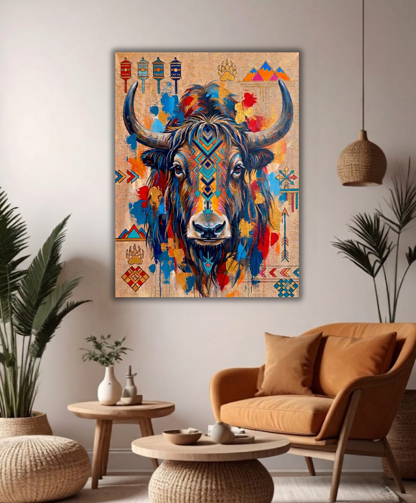 Abstract Tribal Tibetan Yak Canvas Wall Art - Textured Impasto Southwestern Buffalo Painting Print