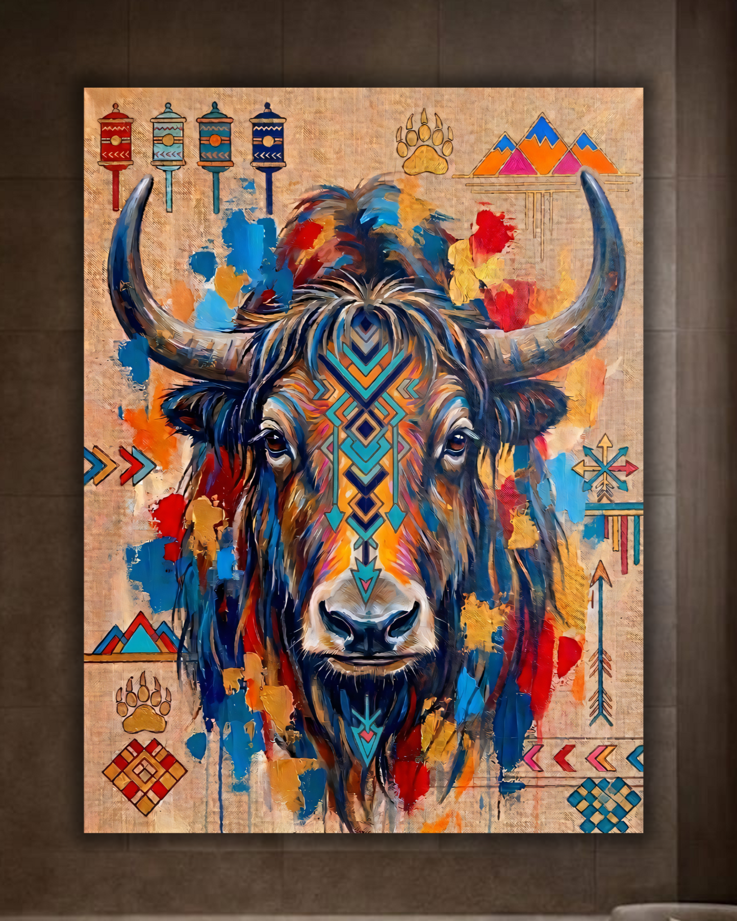 Abstract Tribal Tibetan Yak Canvas Wall Art - Textured Impasto Southwestern Buffalo Painting Print