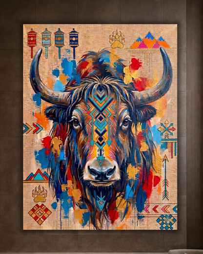 Abstract Tribal Tibetan Yak Canvas Wall Art - Textured Impasto Southwestern Buffalo Painting Print