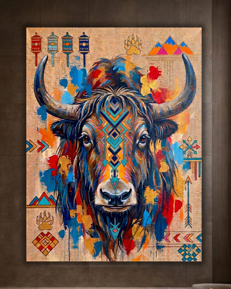 Abstract Tribal Tibetan Yak Canvas Wall Art - Textured Impasto Southwestern Buffalo Painting Print