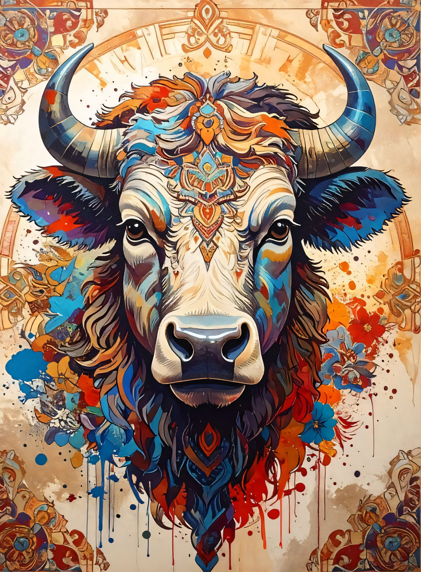 Abstract Colorful Bull Canvas Wall Art - Textured Impasto Western Longhorn Painting Print with Floral & Geometric Border
