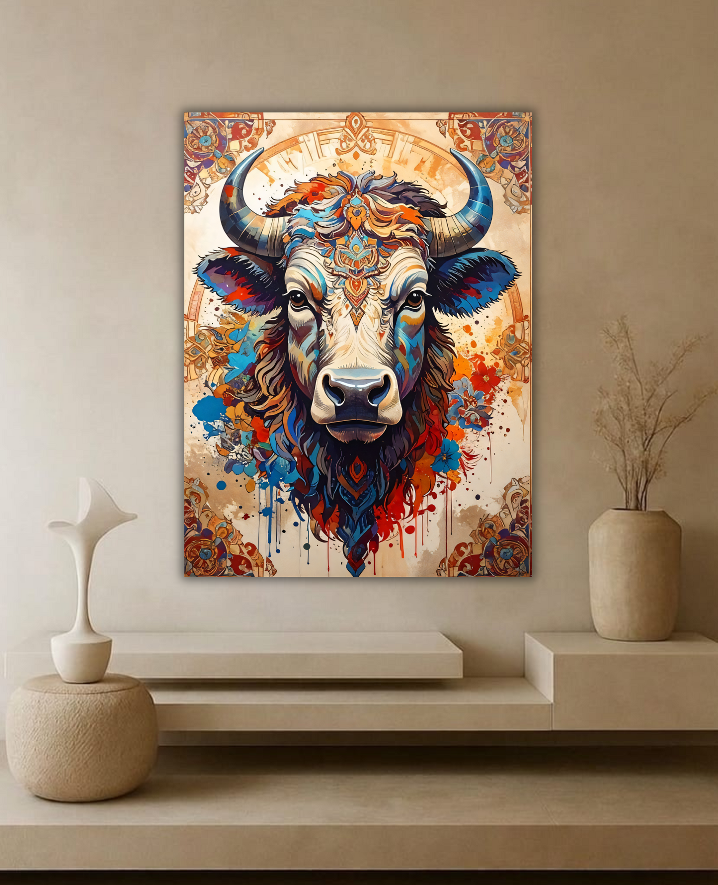 Abstract Colorful Bull Canvas Wall Art - Textured Impasto Western Longhorn Painting Print with Floral & Geometric Border