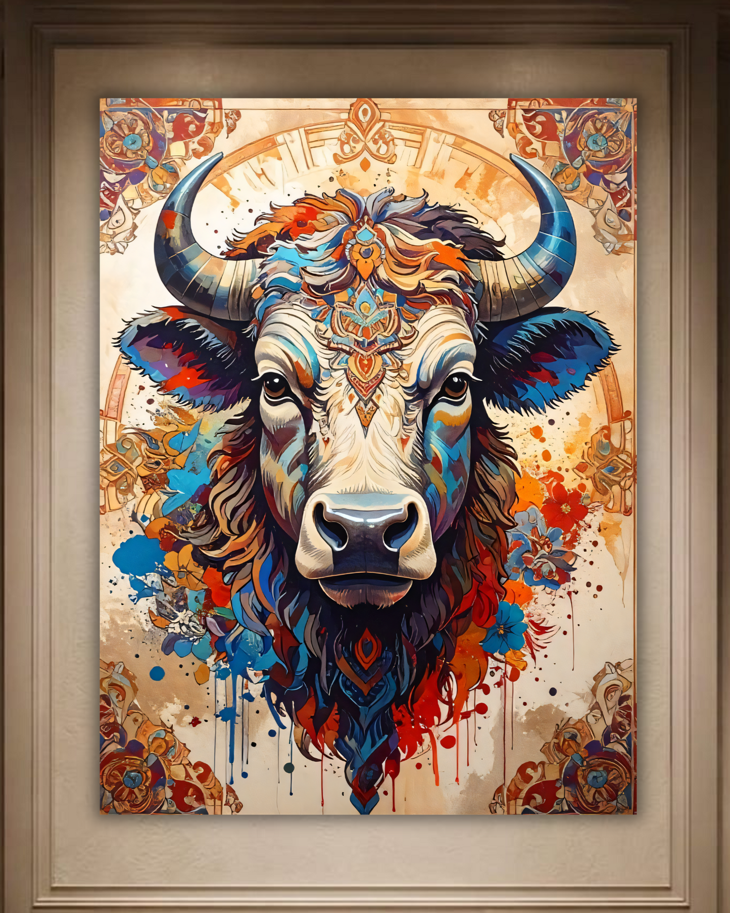 Abstract Colorful Bull Canvas Wall Art - Textured Impasto Western Longhorn Painting Print with Floral & Geometric Border
