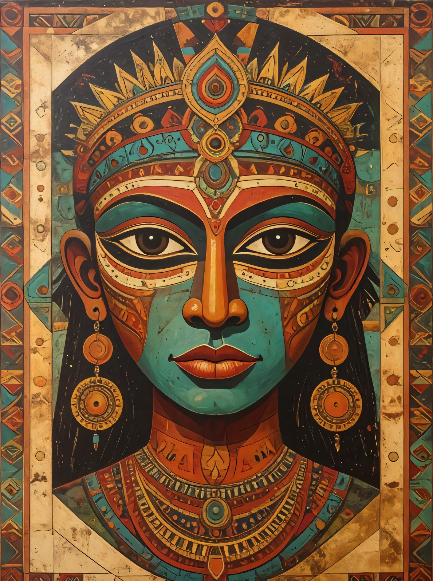 Abstract African Tribal Goddess Canvas Wall Art - Heritage Egyptian Queen Portrait Painting Print with Geometric Border