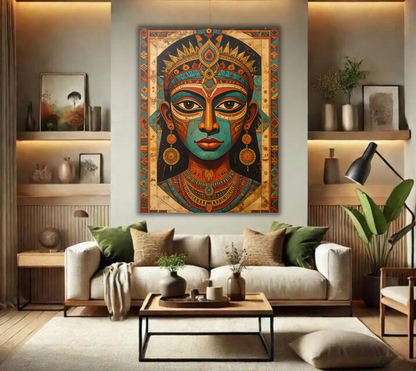 Abstract African Tribal Goddess Canvas Wall Art - Heritage Egyptian Queen Portrait Painting Print with Geometric Border