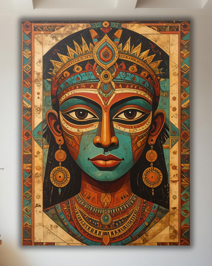Abstract African Tribal Goddess Canvas Wall Art - Heritage Egyptian Queen Portrait Painting Print with Geometric Border