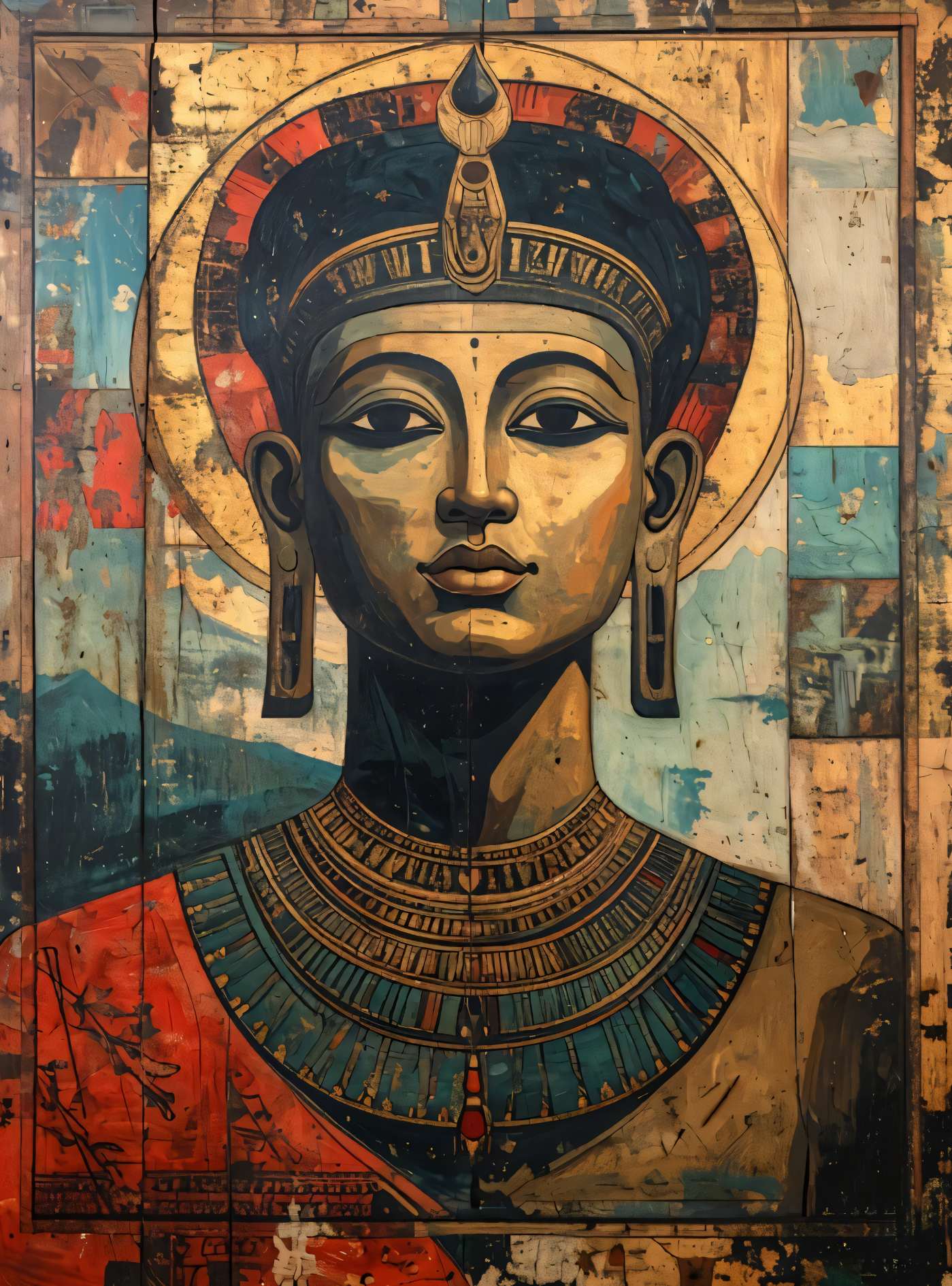 Ancient Egyptian Nefertiti Pharaoh Canvas Wall Art - Textured Gold Leaf Portrait Painting Print with Halo