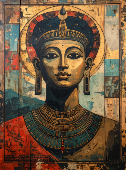 Ancient Egyptian Nefertiti Pharaoh Canvas Wall Art - Textured Gold Leaf Portrait Painting Print with Halo