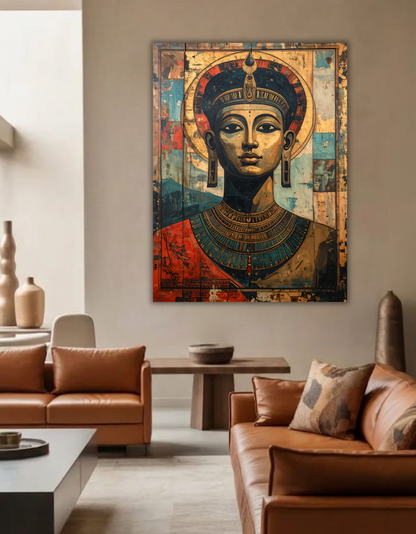 Ancient Egyptian Nefertiti Pharaoh Canvas Wall Art - Textured Gold Leaf Portrait Painting Print with Halo