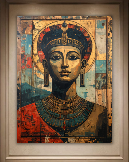 Ancient Egyptian Nefertiti Pharaoh Canvas Wall Art - Textured Gold Leaf Portrait Painting Print with Halo
