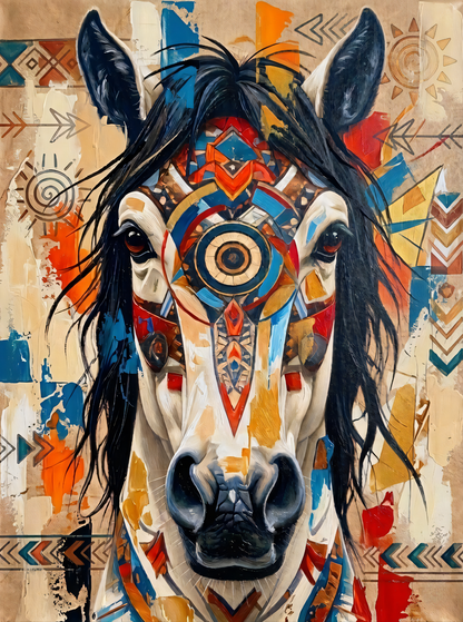 Abstract Native Tribal Horse Canvas Wall Art - Textured Impasto Southwestern Equestrian Painting Print