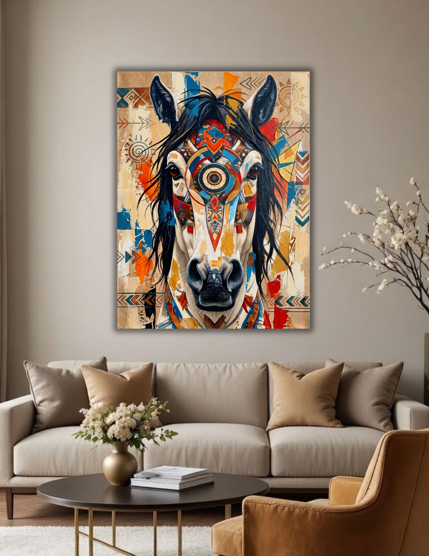Abstract Native Tribal Horse Canvas Wall Art - Textured Impasto Southwestern Equestrian Painting Print