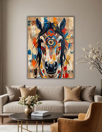 Abstract Native Tribal Horse Canvas Wall Art - Textured Impasto Southwestern Equestrian Painting Print