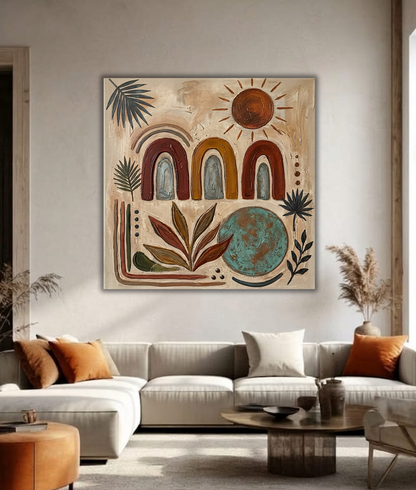 Minimalist Abstract Rainbow & Sun Canvas Wall Art - Textured Impasto Boho Terracotta Painting Print with Palm Leaves