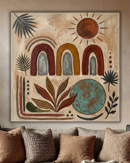 Minimalist Abstract Rainbow & Sun Canvas Wall Art - Textured Impasto Boho Terracotta Painting Print with Palm Leaves