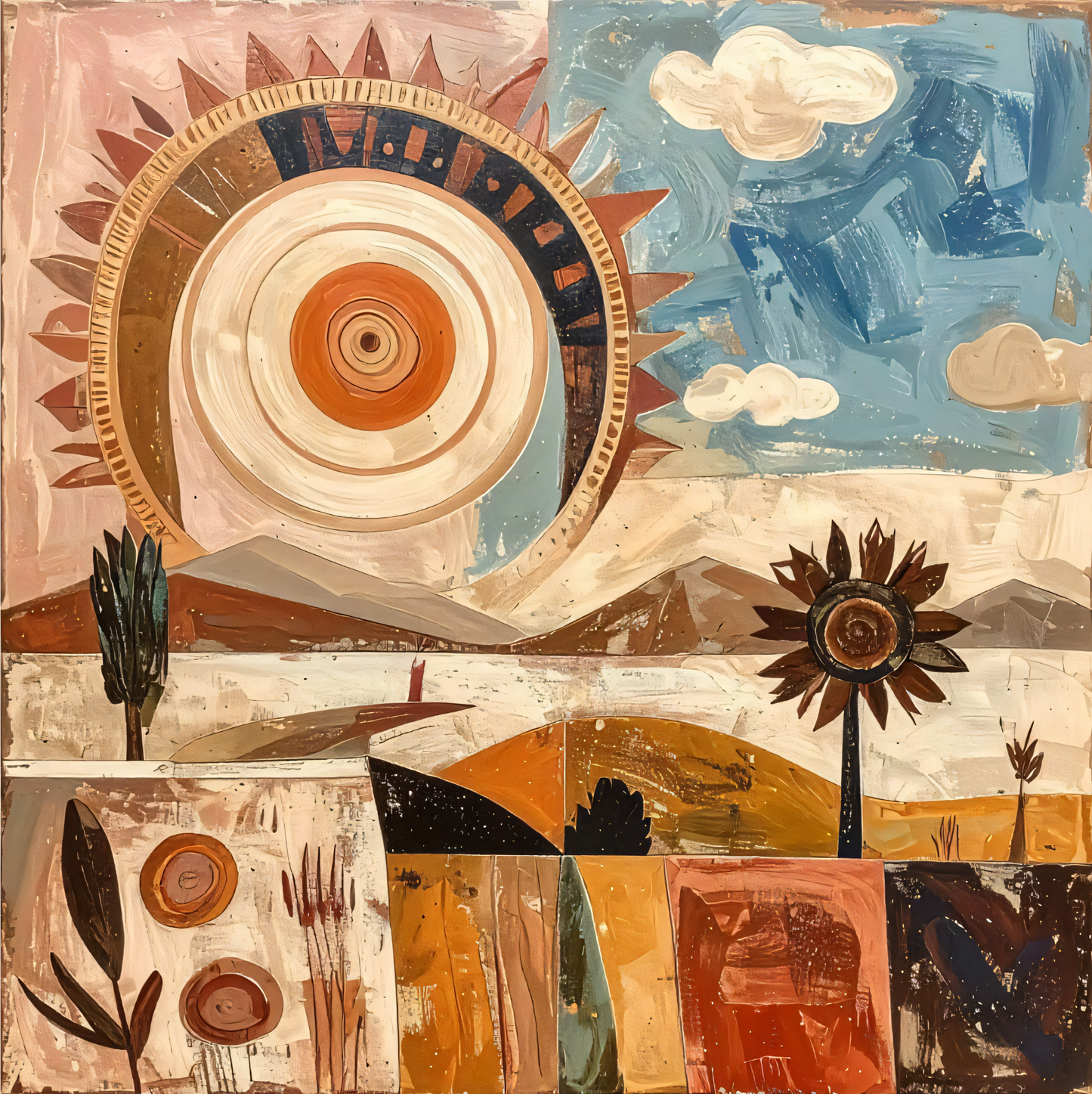 Abstract Sun & Sunflower Landscape Canvas Wall Art - Textured Impasto Boho Celestial Painting Print