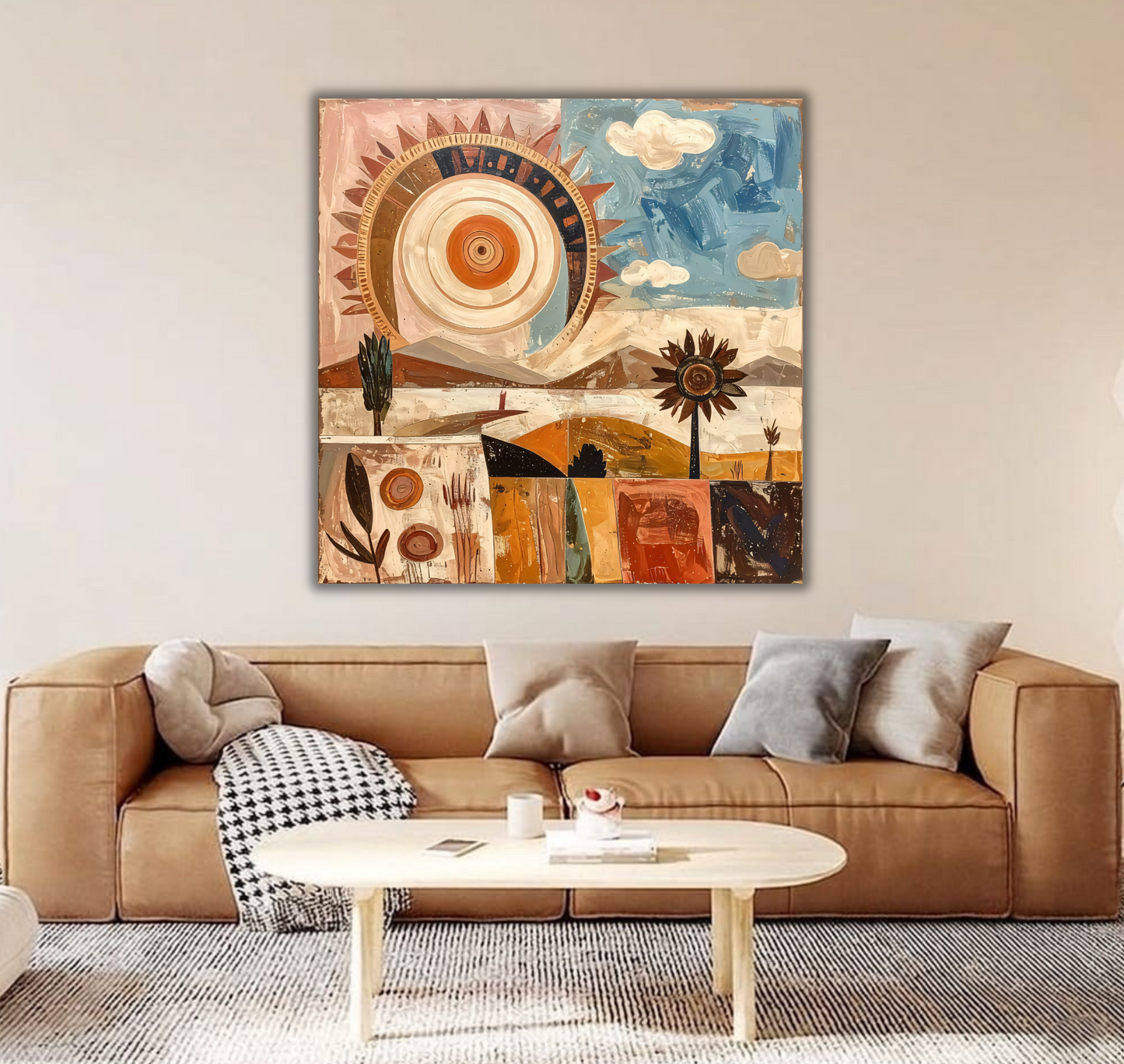 Abstract Sun & Sunflower Landscape Canvas Wall Art - Textured Impasto Boho Celestial Painting Print