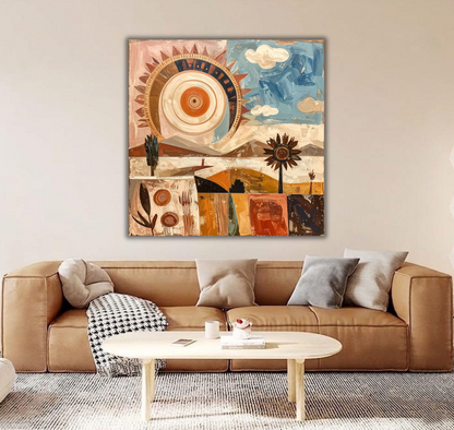 Abstract Sun & Sunflower Landscape Canvas Wall Art - Textured Impasto Boho Celestial Painting Print