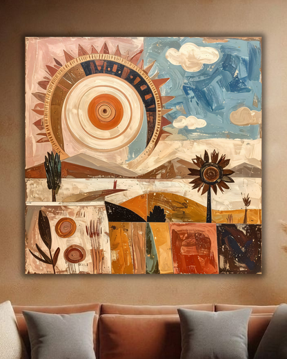 Abstract Sun & Sunflower Landscape Canvas Wall Art - Textured Impasto Boho Celestial Painting Print