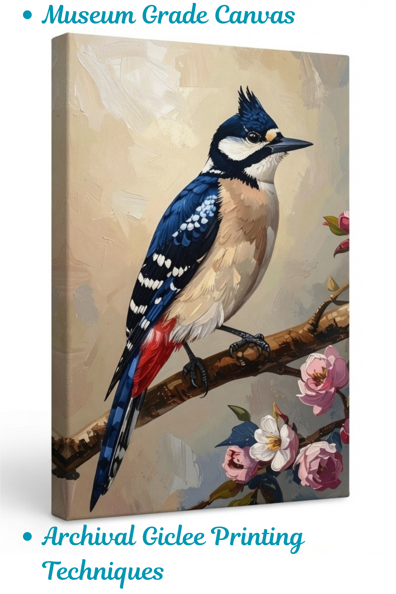 Blue Jay Canvas Wall Art - Textured Impasto Woodpecker Bird Painting Print