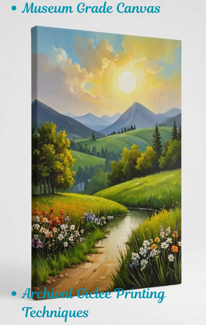 Mountain Meadow Wildflower Canvas Wall Art - Spring Landscape Painting Print with River & Sunset, Gallery Wrapped Nature Decor for Living Room