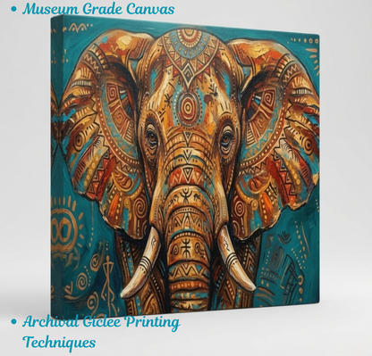 Abstract Tribal Elephant Canvas Wall Art - Textured Impasto African Wildlife Oil Painting Print, Gallery Wrapped Ethnic Pattern Decor for Living Room