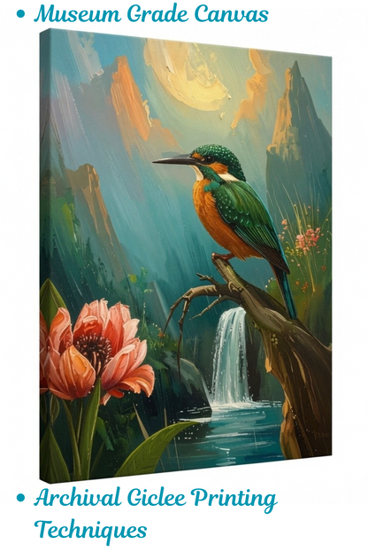 Kingfisher Canvas Wall Art - Textured Forest Waterfall Painting Print