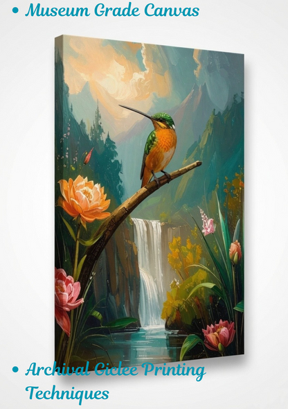 Hummingbird Canvas Wall Art - Textured Mountain Waterfall Painting Print